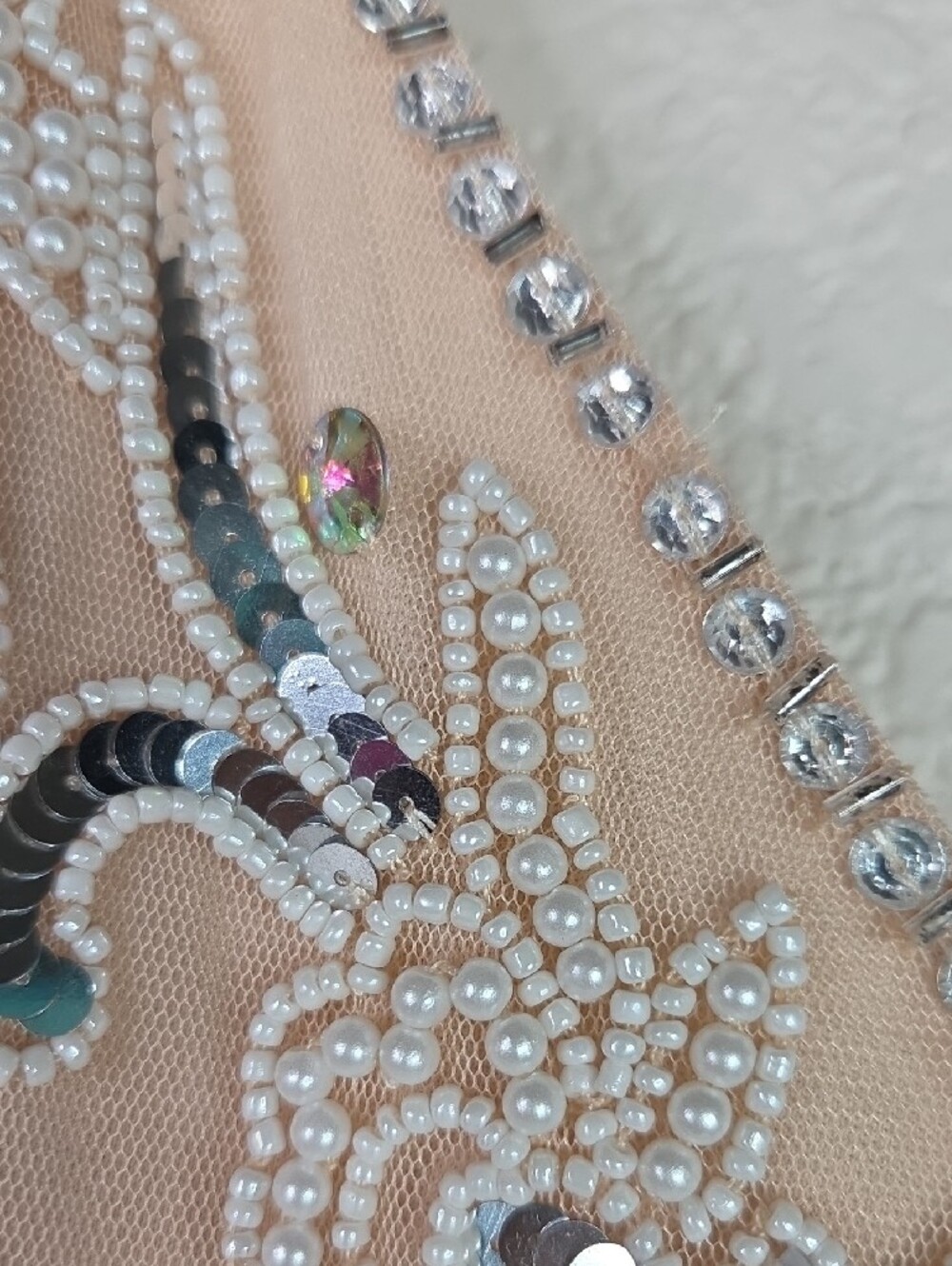 Beaded Feather Hem Nude Cocktail Dress - Picture 6 of 7